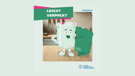Der Joghurtbecher Yogi zieht seine Banderole ab.